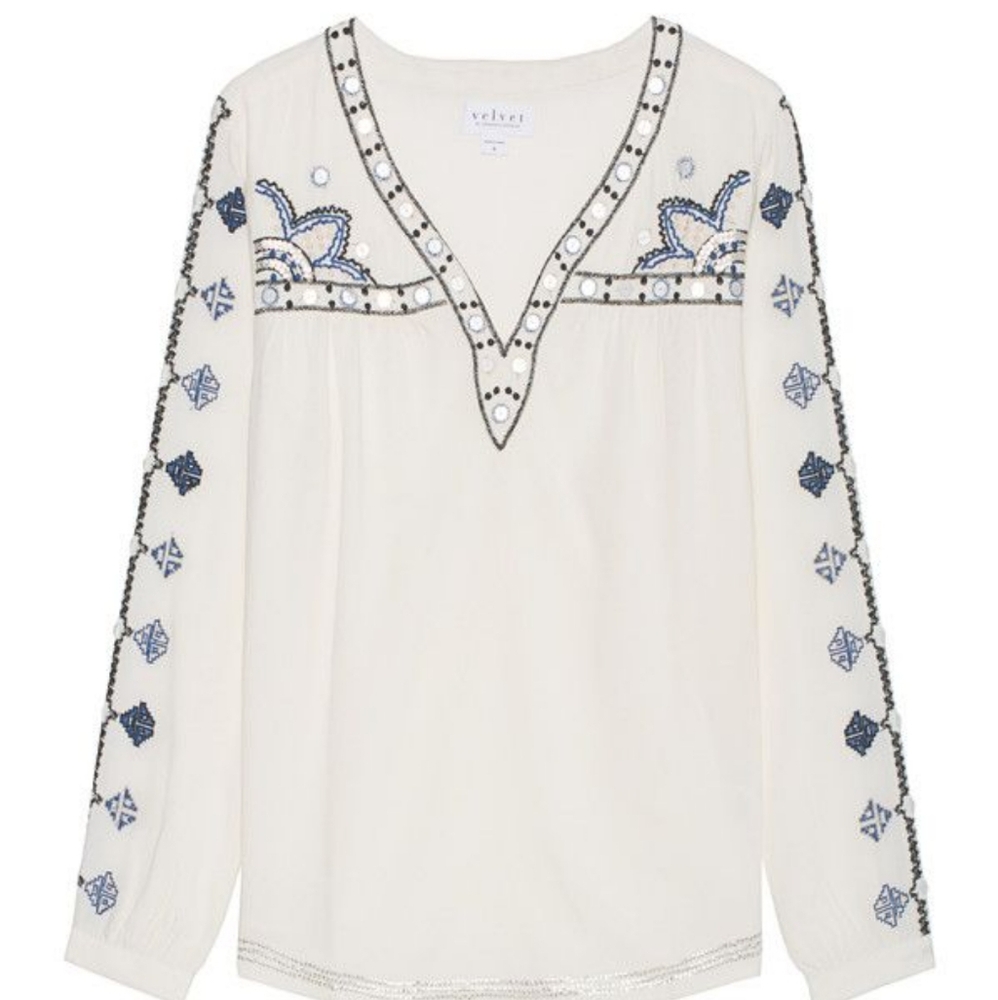 Velvet by Graham & Spencer Embroidered Sequin Boho Top S
